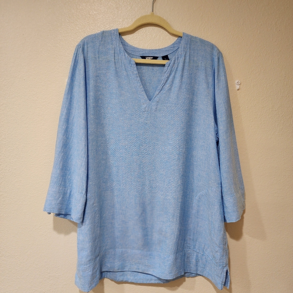 Lands' End Tunic Linen V-Neck Pockets Layering Popover Lagenlook size Large